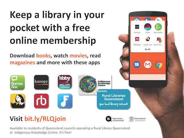 pocket library poster showing the apps that you can use to access the eresources from rural libraries