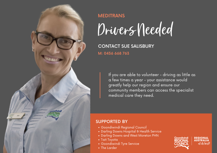 profile picture of sue salisbury with grey background and advert for drivers needed for meditrans service