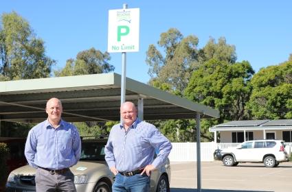 Cr Watts and Cr Mackenzie at one of the all-day car parks in Goondiwindi