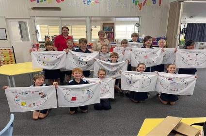 Disaster management pillowcase project students at st maria goretti school inglewood holding up their pillowcases