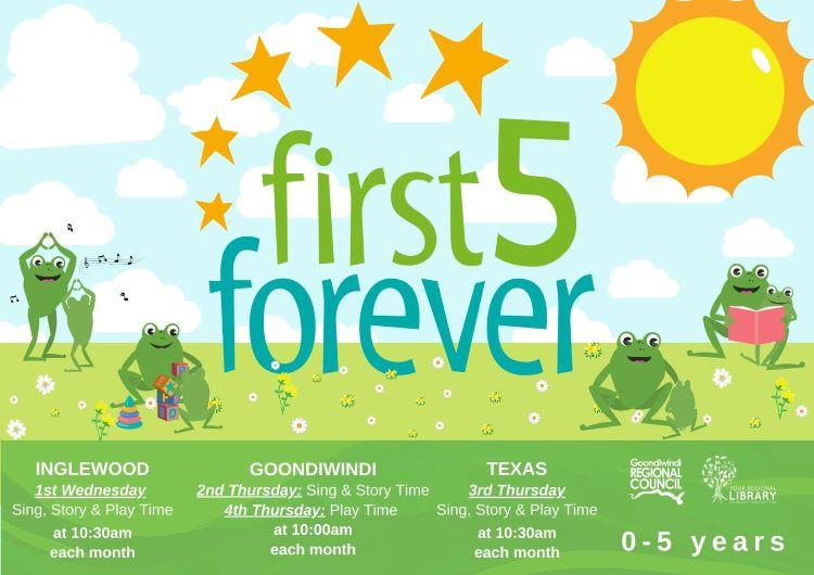 first 5 forever website grab cartoon image with frogs and sun and first 5 forever logo