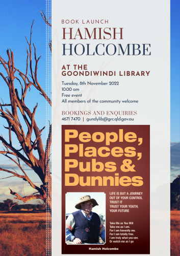 book launch poster for hamish holcombe