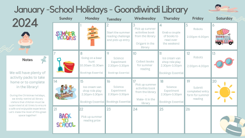 january 2024 school holiday activities goondiwindi library including summer reading club