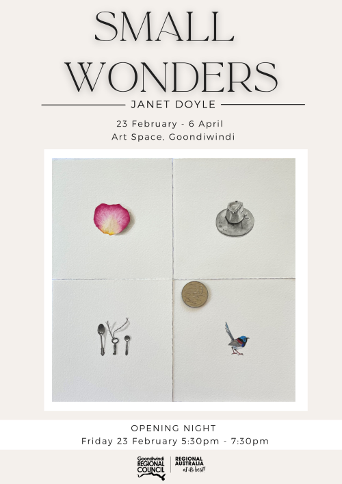 poster for Janet Doyle Small Wonders art exhibition featuring four small paintings arranged in a square with a 20 cent piece to compare size