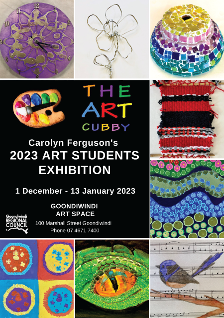 Art Cubby exhibition poster with various colourful childrens artworks