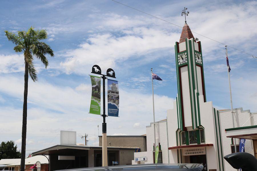 street banners in the Goondiwindi region showing branding in front of the Goondiwindi Regional Civic Centre